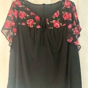SHEIN Black Blouse with Pink Floral Design